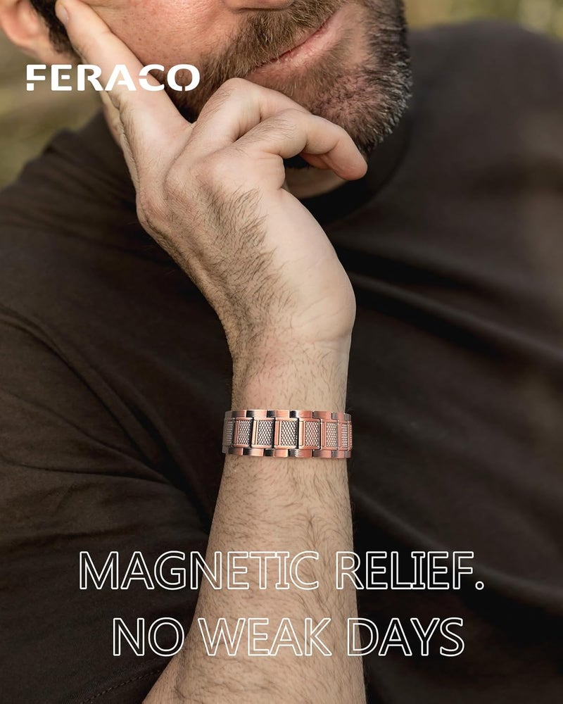 Feraco Copper Bracelet for Men 3X Strength,Magnetic Therapy Bracelet Copper Jewelry with Powerful 3800 Gauss Magnets - Image 2